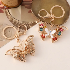 Colorful butterfly rhinestone keychain with gold lobster clasp for bags and car keys