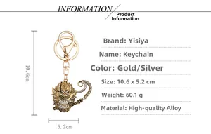 Macro detail of gold Monkey King keychain made of alloy with inlaid crystals and dimensions