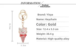 Detailed view of rhinestone cat ice cream keychain showing dimensions 12.4x3.3 cm