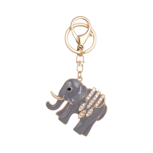 Sparkling elephant keychain with grey enamel and rhinestones on a gold-plated ring