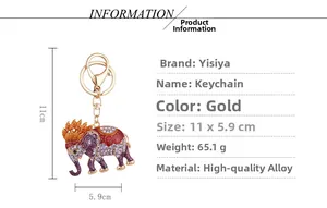 Detailed size specifications of a gold elephant keychain with purple rhinestones and red enamel