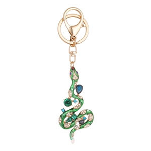 Porte-clés serpent vintage en émail vert avec strass colorés et anneau doré