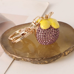 Cute Purple Rhinestone Mangosteen Fruit Keychain Alloy Metal Enamel Bag Charm Car Key Ring Pendant For Women Fashion Jewelry Gift