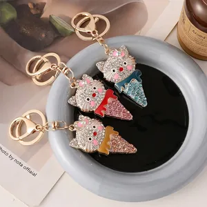Cartoon Cat Ice Cream Keychain Electroplated Alloy Rhinestone Inlaid Bag Pendant With Bowknot Cute Metal Key Ring Gift For Women