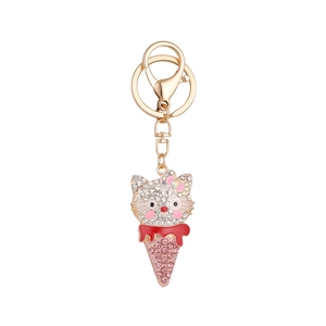Cartoon ice cream cat keychain with rhinestones and enamel on a gold metal ring