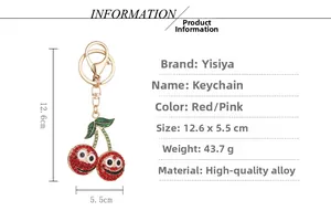 Detailed view showing dimensions of a 12.6cm rhinestone cherry smile keychain pendant