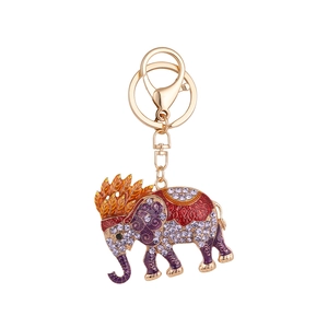Golden elephant keychain with purple rhinestones and enamel pattern for handbags