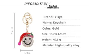 Detailed view of rhinestone Christmas snowman keychain with size specs and dimensions