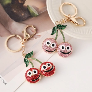 Creative Rhinestone Smiley Face Cherry Keychain Zinc Alloy Metal Bag Pendant Gold Tone Fruit Key Ring Gift For Women