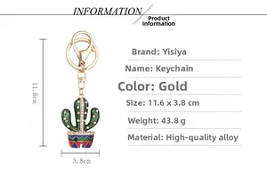 Detailed size specifications of the green cactus keychain with rhinestones and gold alloy