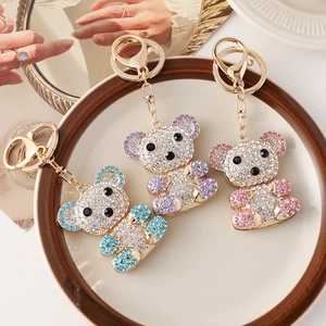 Rhinestone Paved Bear Doll Metal Keychain Cute Bear Bag Charm Pendant For Women Car Keys Accessory Decorative Gift