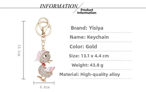Dimensions détaillées du porte-clés canard doré de 13,1 cm avec strass roses