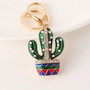 Creative Enamel Cactus Pot Keychain For Women Alloy Rhinestone Inlaid Bag Pendant Golden Key Ring Decorative Accessories