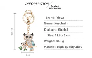 Vue détaillée du porte-clés hibou en cristal avec dimensions et spécifications du produit