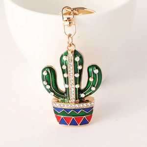 Sparkling cactus keychain with green enamel and rhinestones on golden metal ring