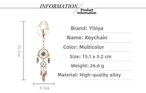 Detail view of colorful rhinestone dreamcatcher keychain with precise size measurements