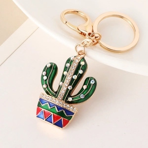 Exquisite cactus keychain with colorful enamel and sparkling rhinestones on golden alloy