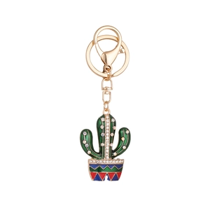 Green cactus keychain with gold plating and rhinestones for bags or car keys decoration
