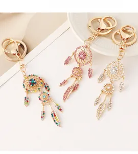 Detailed view of rhinestone dreamcatcher keychains in pink, white and gradient colors