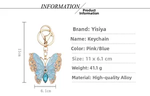 Detail view of blue enamel butterfly keychain with alloy frame and rhinestone inlay