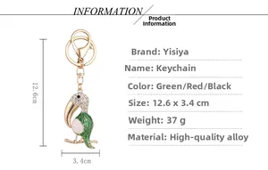 Detailed view of the rhinestone toucan keychain showing its 12.6 cm total length and size