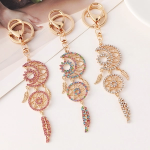Bohemian Alloy Rhinestone Dreamcatcher Keychain Moon Sun Feather Pendant Gold Keyring Bag Charm Jewelry Gift For Women