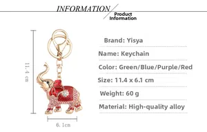Detailed view of rhinestone elephant keychain with 11.4x6.1cm size and 60g weight specs