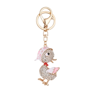 Porte-clés canard étincelant avec strass et chapeau à pois roses pour sacs à main