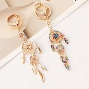 Golden dreamcatcher feather keychain set with colorful rhinestones and lobster clasp