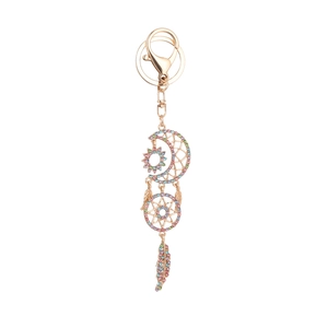 Dreamcatcher moon keychain with colorful rhinestones and rose gold feathers on white background