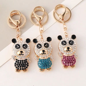 Cute Rhinestone Panda Keychain For Women Alloy Metal Cartoon Animal Pendant Sparkling Bag Charm Decorative Keyring Gift