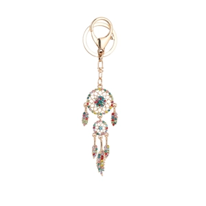 Dreamcatcher keychain with colorful rhinestones and feather charms in rose gold finish