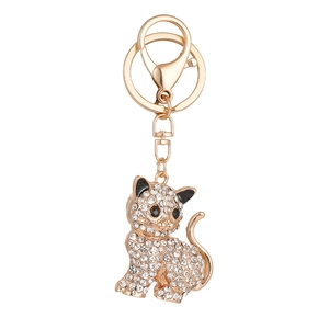 Portachiavi gatto scintillante con strass bianchi e finitura in metallo dorato