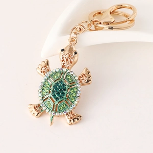 Creative turtle keychain with green crystal rhinestones and gold alloy lobster clasp