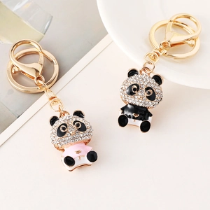 Cute metal panda keychain with rhinestones and enamel finish in pink and black
