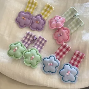 Handmade flower hair clips set with candy color plaid patterns and pearl bead accents