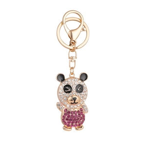 Creative cartoon bear keychain with sparkling pink and white rhinestones and gold plating