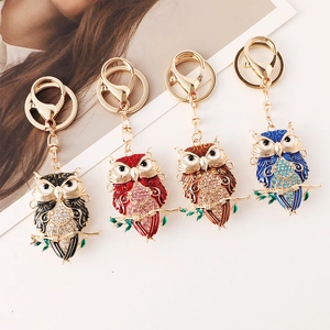 Vintage Enamel Owl Keychain With Rhinestone Crystal Animal Bag Pendant Luxury Gold Plated Metal Key Ring For Women Birthday Gift