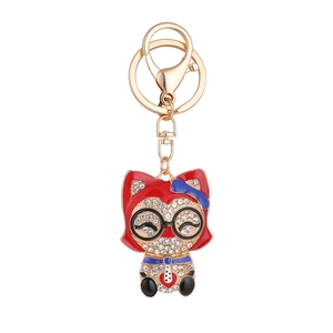 Porte-clés renard mignon en émail rouge avec strass brillants sur chaîne dorée