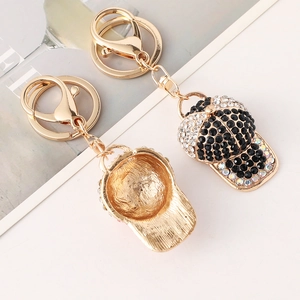 Sparkling baseball cap keychains with colorful rhinestones and gold metal finish