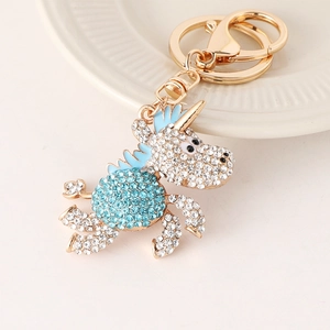 Portachiavi con unicorno scintillante in lega dorata e strass blu per borse e cellulari