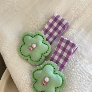 Floral fabric hair clips set with pearls and purple checkered ribbon base for girls