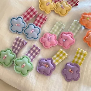 Sweet Fabric Flower Hair Clips For Girls Handmade Plaid Wrapped BB Clips Floral Beads Headwear Children Women Jewelry