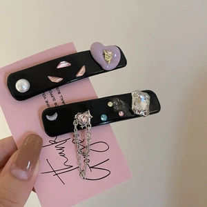 Black PU leather BB hair clips with tassel chain, rhinestones, and purple heart charms