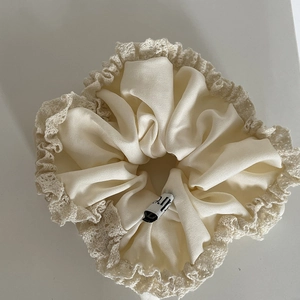 Vintage oversized cream scrunchie with crochet lace trim and voluminous pleats