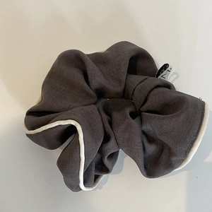 Vintage brown scrunchie with white floral lace trim and puff effect for women's hairstyle