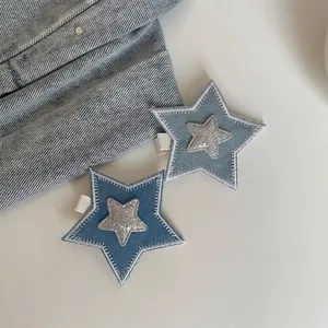 Pince à Cheveux Étoile en Denim Y2K Avec Surpiqûres Contrastées et Pentagramme à Paillettes Argentées Clip Bec de Canard