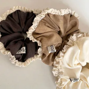 Vintage Lace Large Scrunchies Retro Fabric Ruffle Hair Tie Ponytail Holder Elastic Hair Bands Fashion Women Hair Accessories