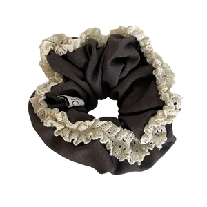 Vintage brown cotton scrunchie with white crochet lace trim for voluminous ponytails