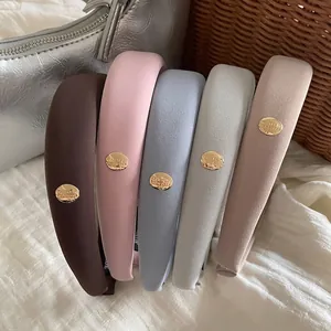 Vintage Padded Sponge Headband For Women Matte Fabric Thickened High Top Hairband With Gold Metal Plate Elegant Hair Accessory